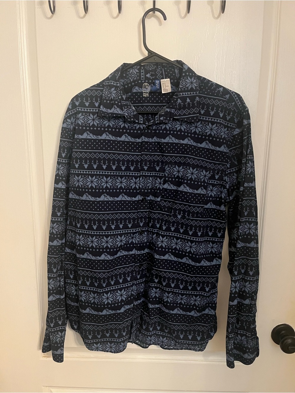 H&M Divided Navy and Light Blue Fair Isle Print Button-Up